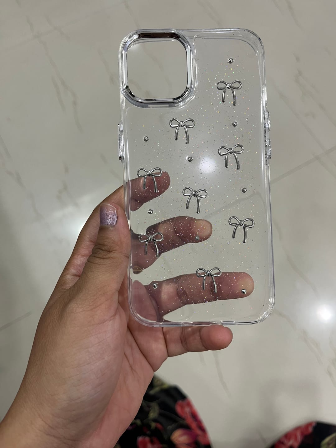 Customer photo review of 3D Glitter Silver Bow Transparent iPhone Case