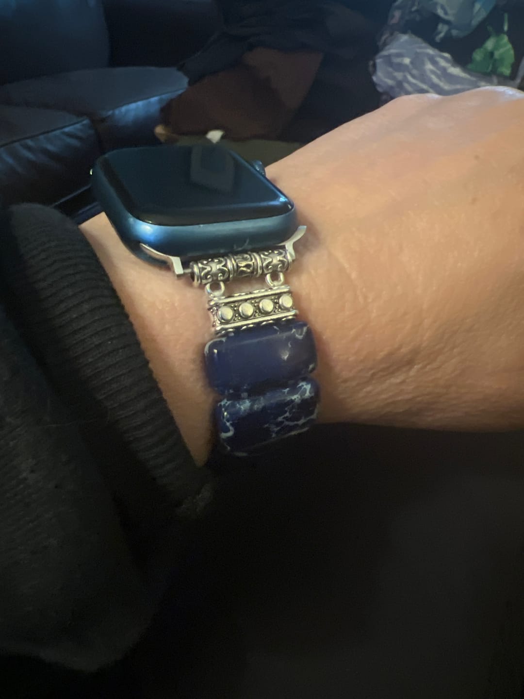 Customer photo review of Dark Navy Tibetan Jasper Stretch Apple Watch Strap