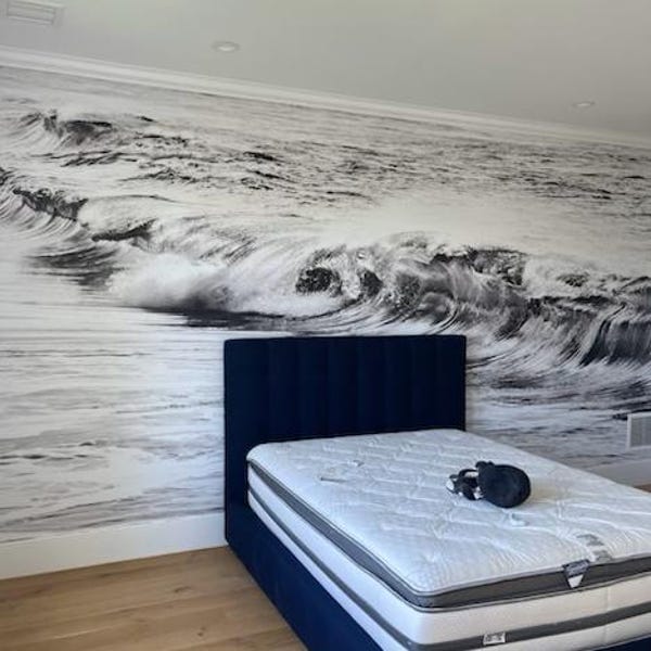 Customer photo review of Ocean Wave Wallpaper. Black and White Surf Theme Wall Mural. #6709