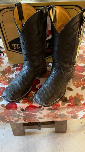 Customer photo review of Black Ostrich Leather Boots - Square Toe