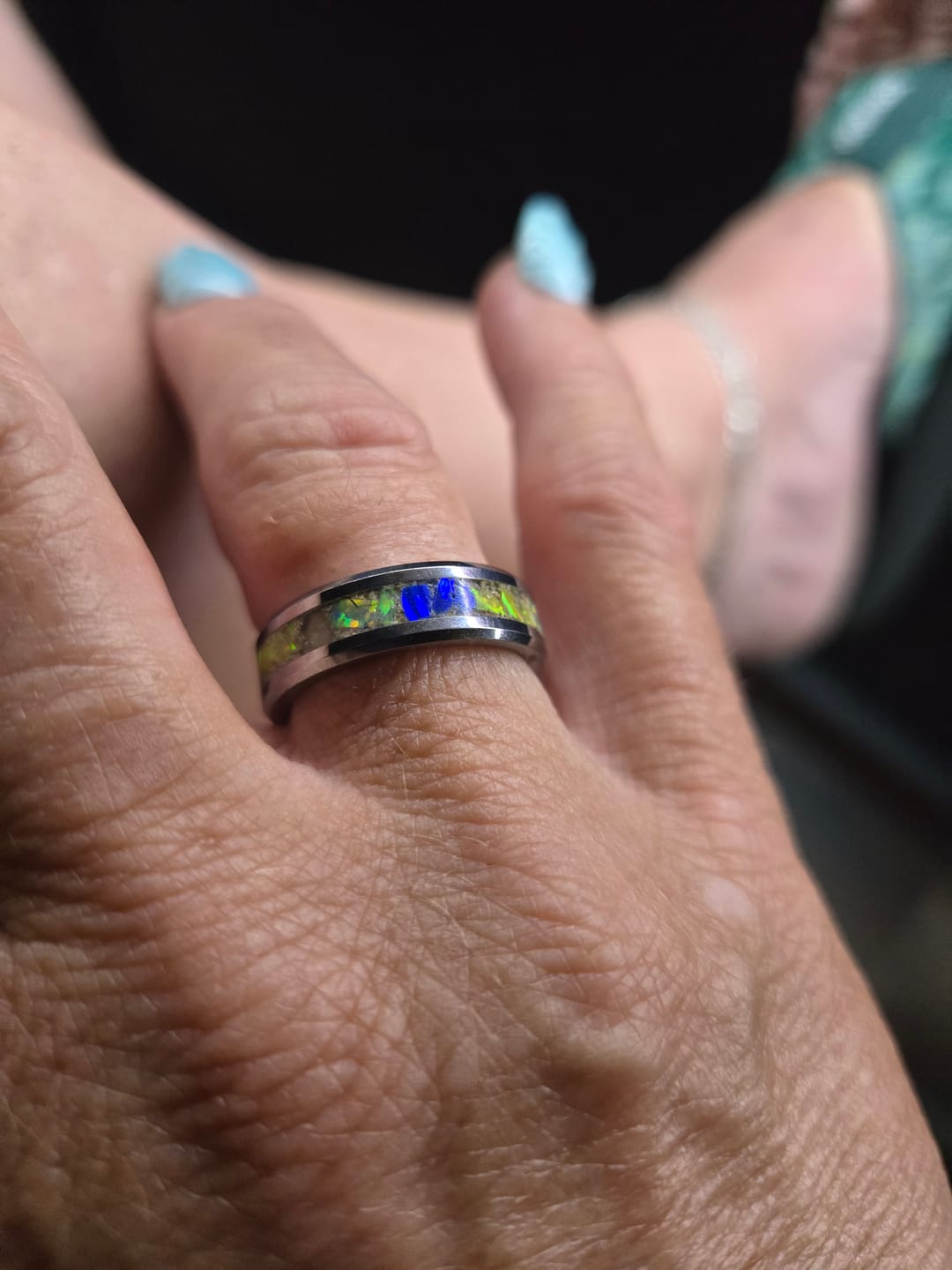 Customer photo review of Tungsten Opal Ring with Cremation Ashes