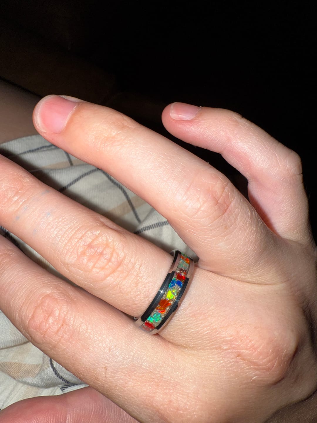Customer photo review of Tungsten Opal Ring with Cremation Ashes