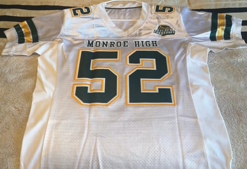 Customer photo review of Custom White Green-Gold Classic Style Mesh Authentic Football Jersey