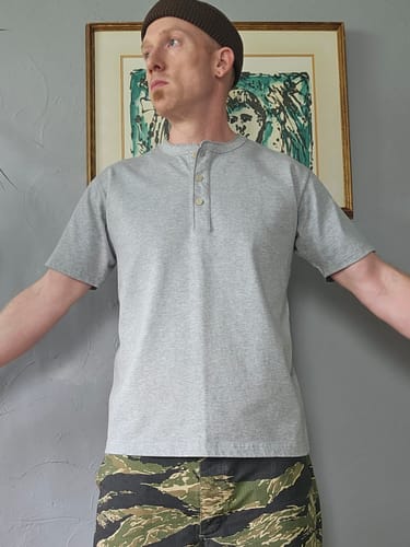 Customer photo review of 10.6 oz Cotton Short Sleeve Henley T-Shirt - Gray