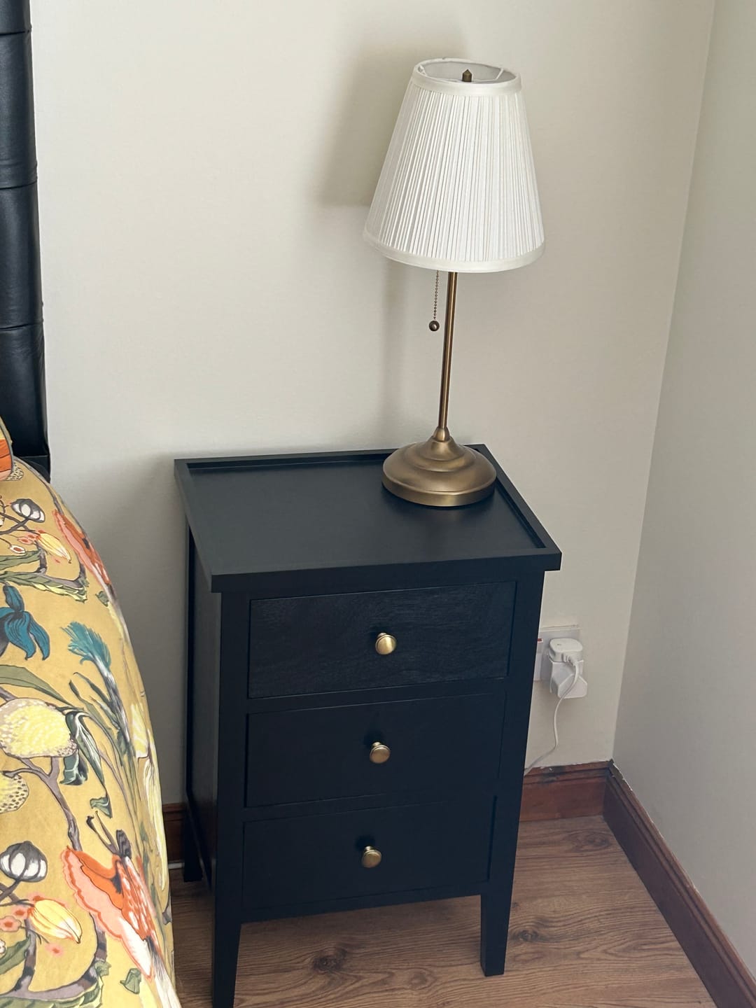 Customer photo review of Chelmsford Satin Black Pine Wood 3 Drawer Bedside Unit