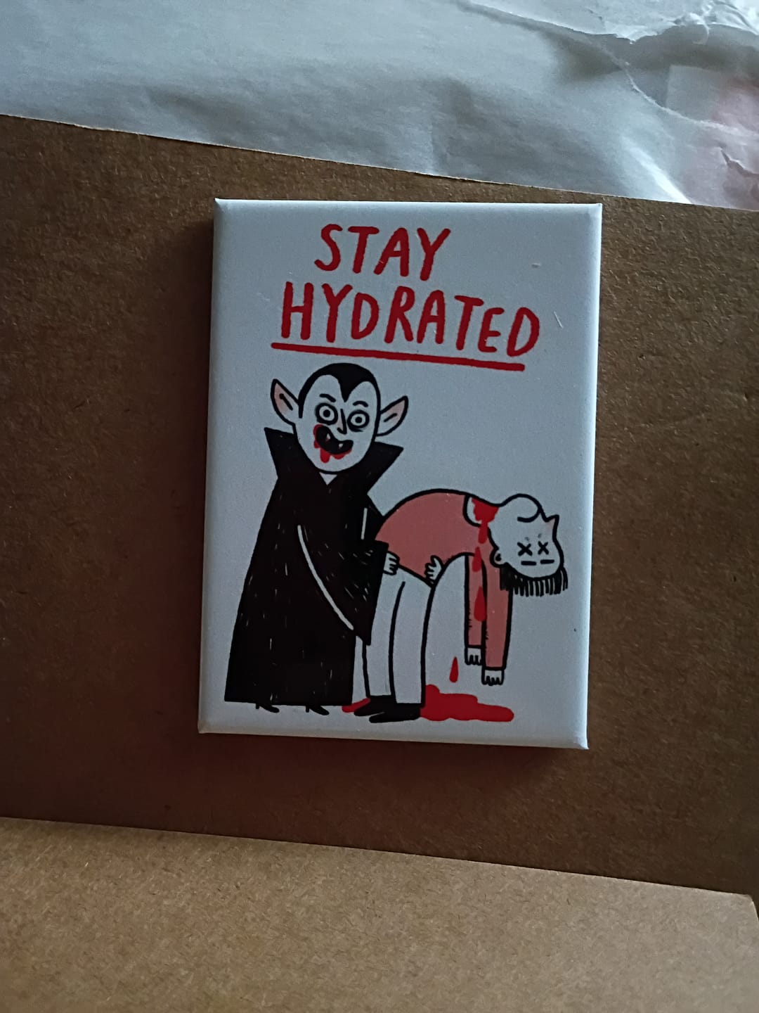 Customer photo review of Stay Hydrated Vampire Rectangle Magnet by Gemma Correll