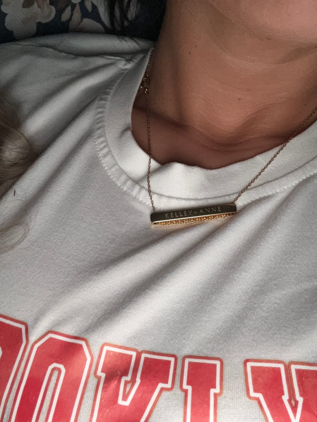 Customer photo review of 4cm Letter Bar Necklace in Gold Horizontal