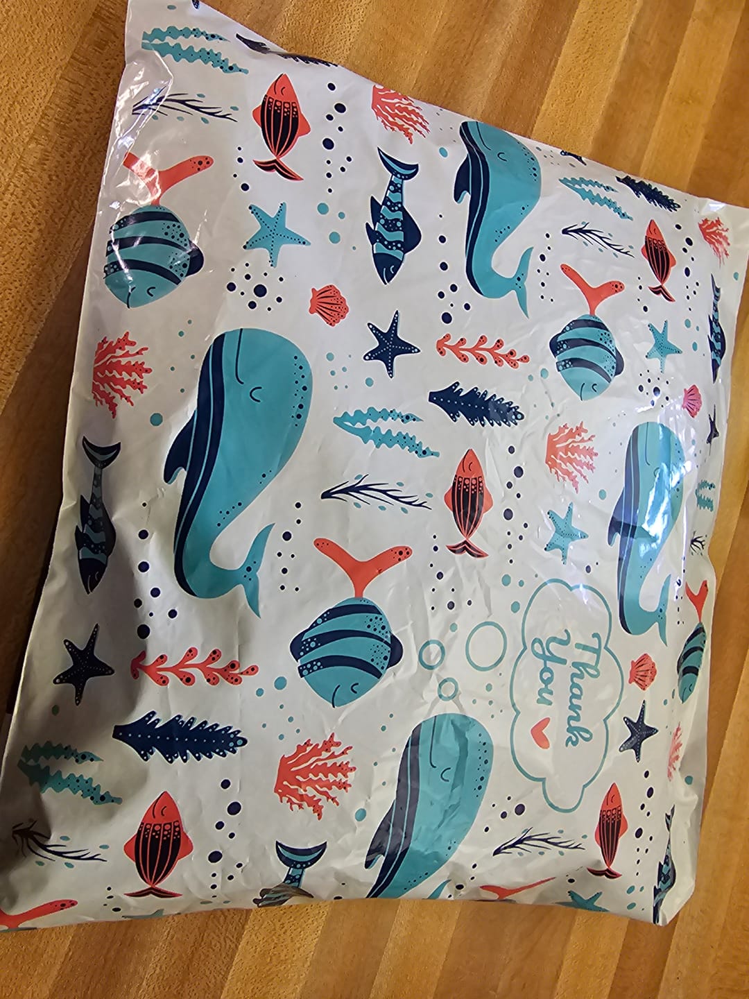 Customer photo review of 10x13 Thank You Whale Fish Blue Sea Poly Mailers 100 Pack