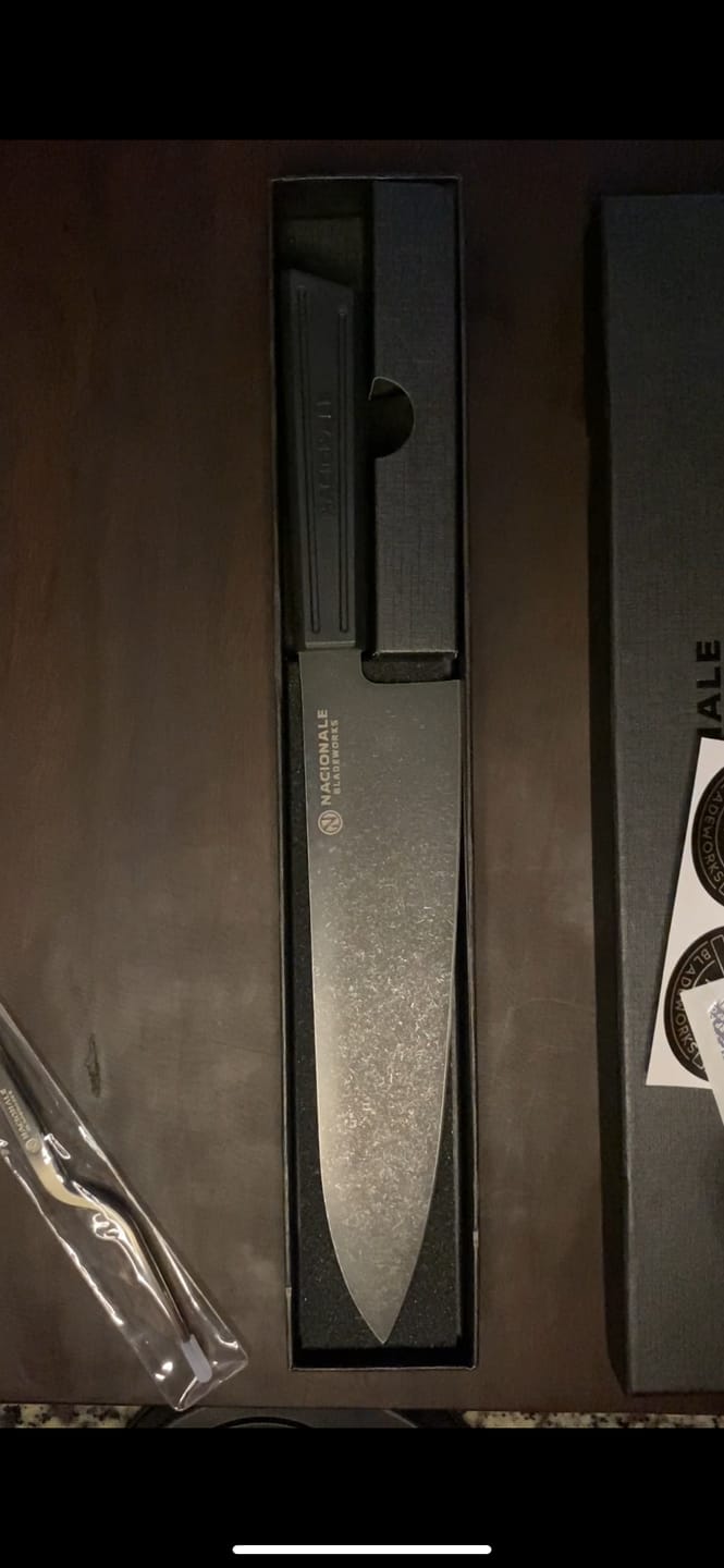 Customer photo review of 215mm Chefs Knife. Black Stonewashed AUS8. Black Recycled Plastic Skateboard Material Handle