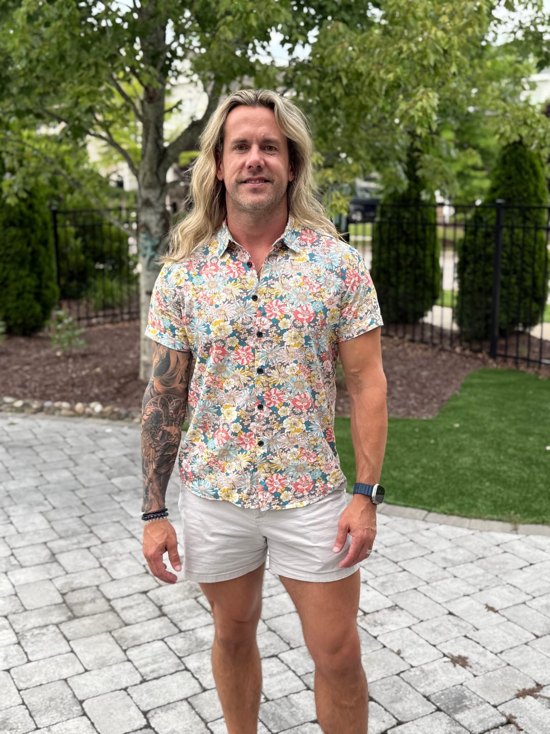 Customer photo review of Men's Floral Cotton Casual Button Up Short Sleeve Shirt