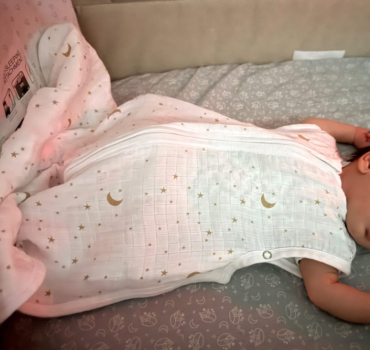 Customer photo review of sheeping bag | Baby Sleeping Bag | White Moon and Stars | 0.5 Tog