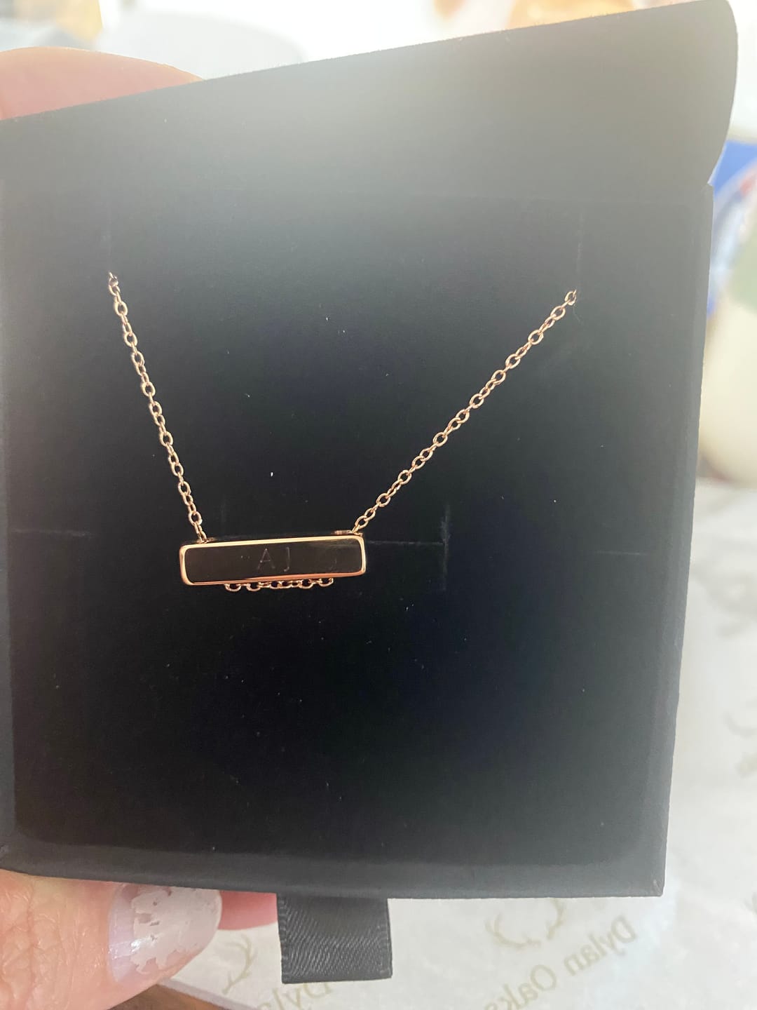 Customer photo review of 2cm Letter Bar Necklace in Rose Gold Horizontal