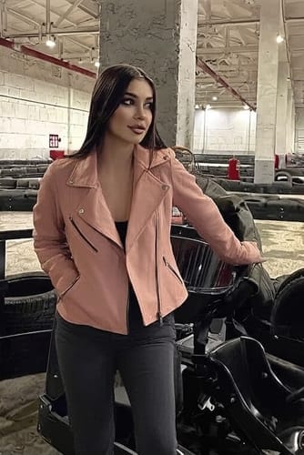 Customer photo review of Ninfa Women's Pink Asymmetrical Biker Leather Jacket