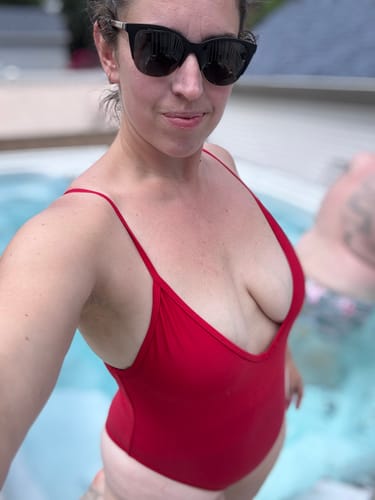 Customer photo review of VERONICA Scarlet Red Deep V One Piece