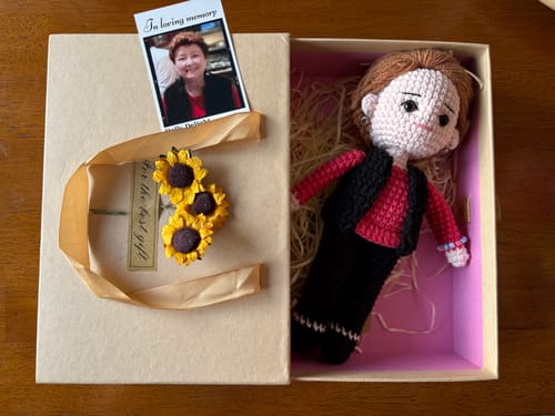 Customer photo review of Dolly® Personalized Crochet Doll with Photo Card