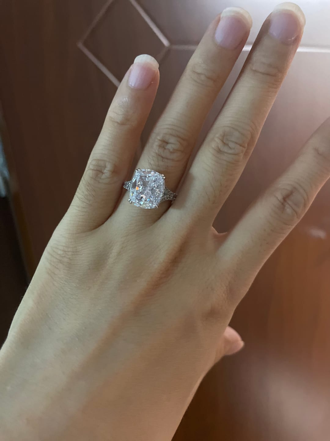 Customer photo review of S925 7.0Ct/4.0Ct Split Shank Cushion Cut Engagement Ring 18K White Gold Plated Travel Rings with Pavé Accents