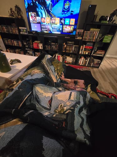 Customer photo review of Very Angry Blue Guy (Woven Blanket)