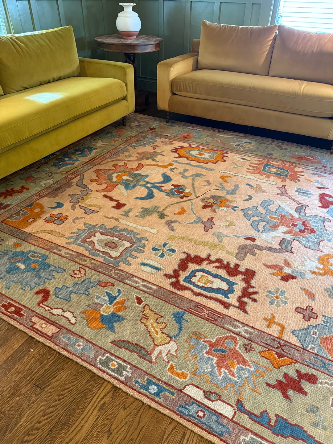 Customer photo review of Custom Made Colorful Peach and Green Hand knotted Oushak wool Area Rug