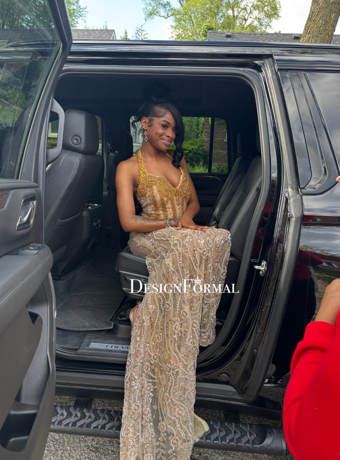 Customer photo review of Gold Halter V-Neck Beaded Floor Length Slit Prom Dress