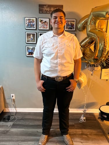 Customer photo review of Wrangler White Short Sleeve Western Snap Shirt