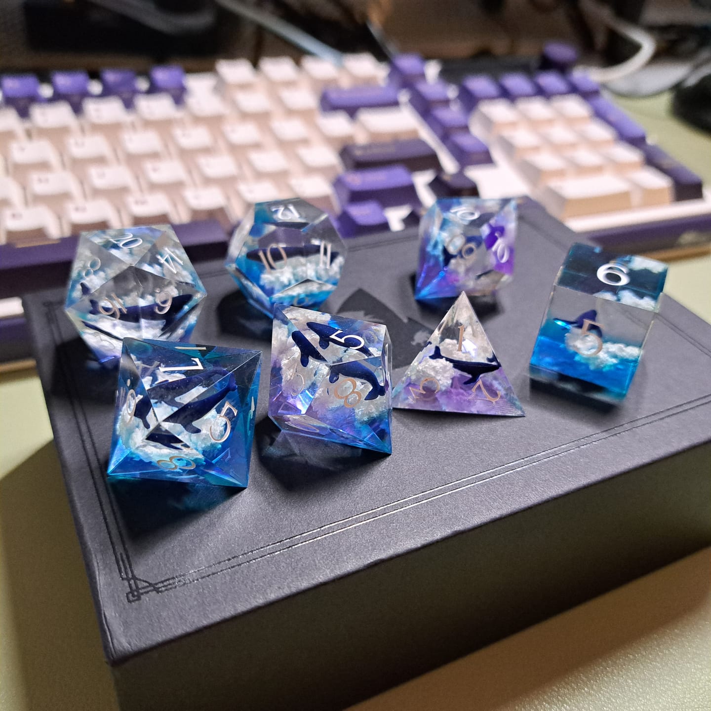 Customer photo review of Handmade Sharp Edge Resin Dice Set -Dreamy Whale