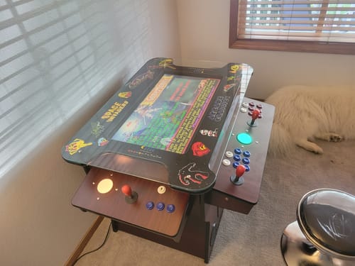 Customer photo review of Abvideo arcades Cocktail Arcade Machine 4600 Tilt Up Wood Retro