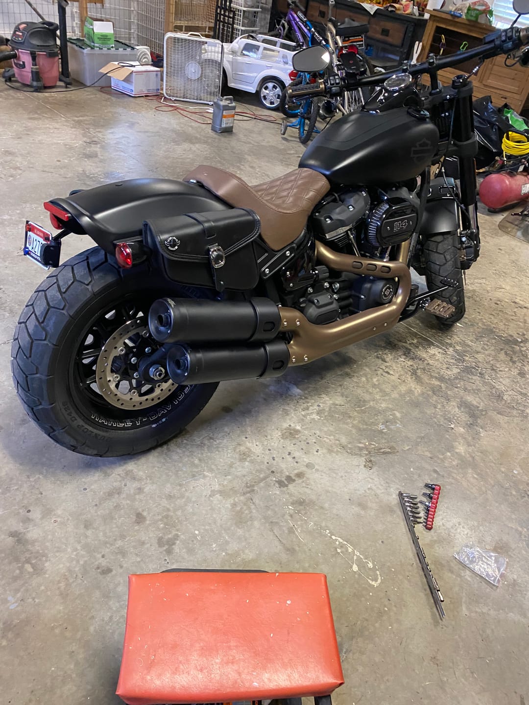 Customer photo review of 4L - Diablo Plain Leather Motorcycle Saddlebags For Harley Softail Fat Bob FXFB/S