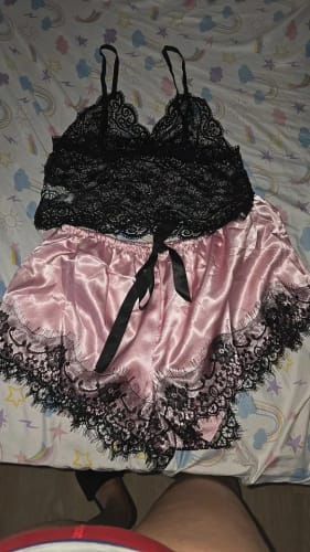 Customer photo review of 2025 Summer 2 Pcs Women's New Sexy Lace See-Through Pajamas Black Pink Cute Clothes Comfortable Breathable Suspender Shorts Set
