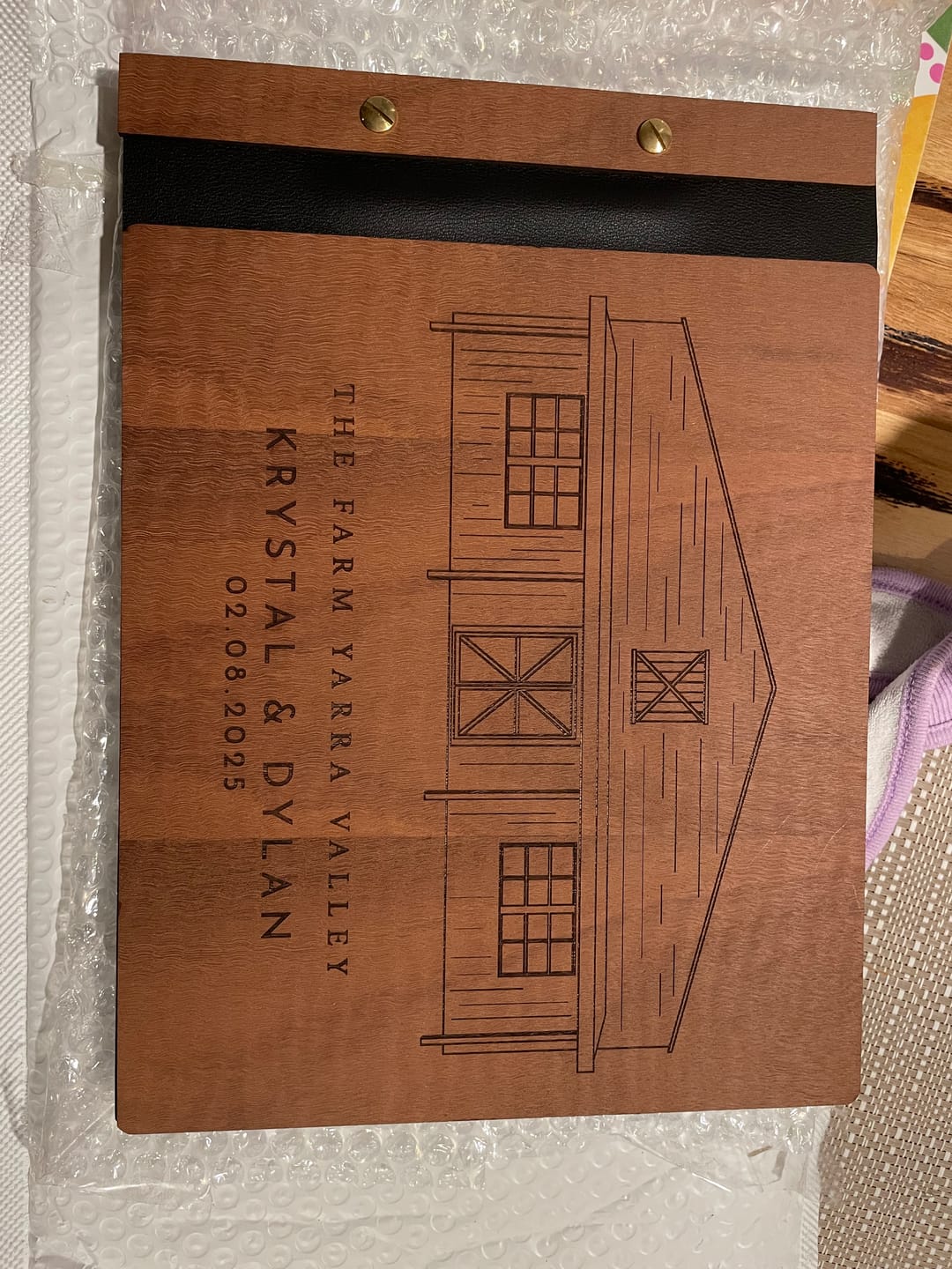 Customer photo review of Personalised Engraving Wooden & Vegan Leather Wedding Guest Book