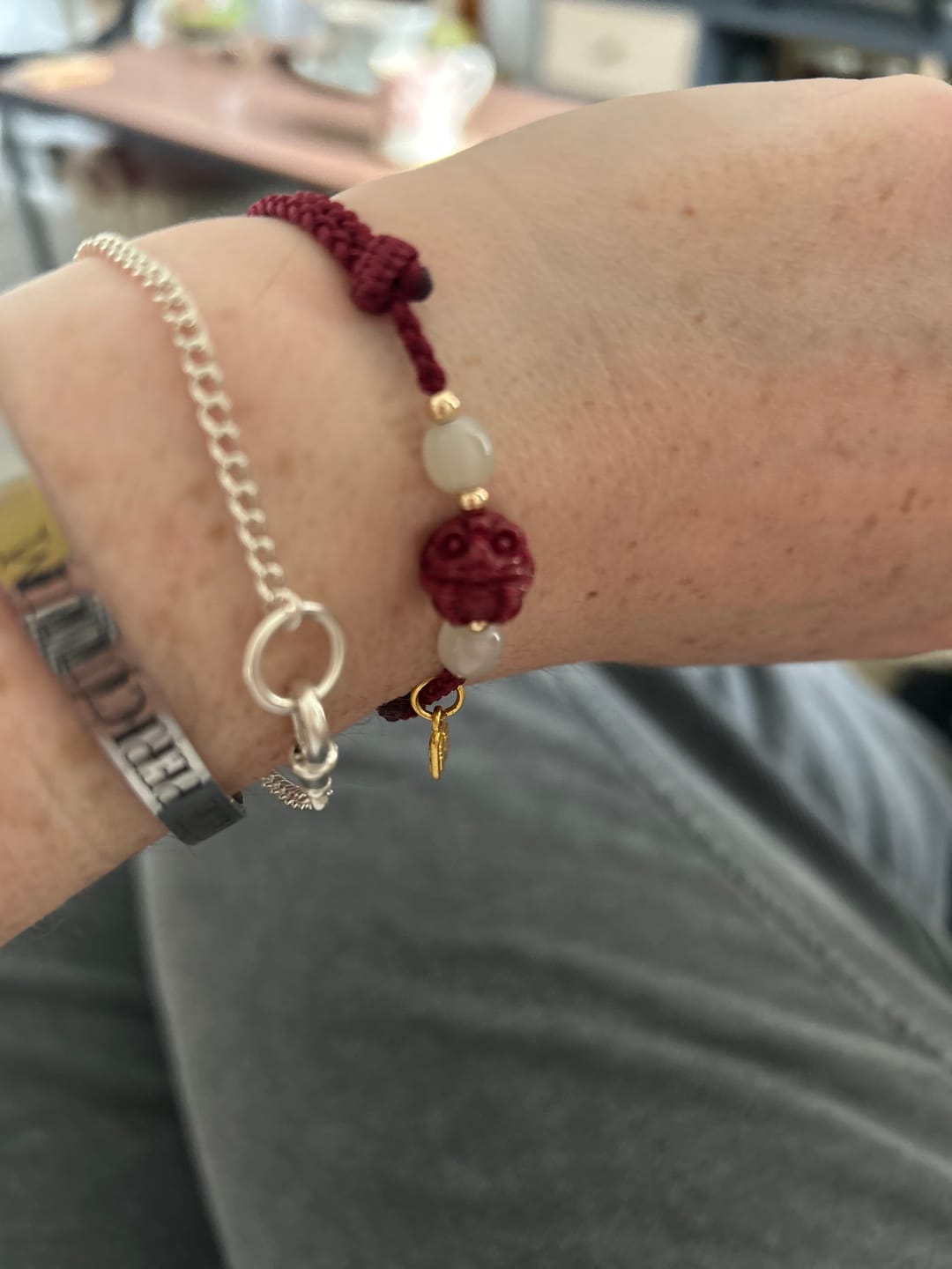 Customer photo review of Buddha Stones Natural Cinnabar Chinese Zodiac Hetian Jade Fu Character Luck Rope Bracelet