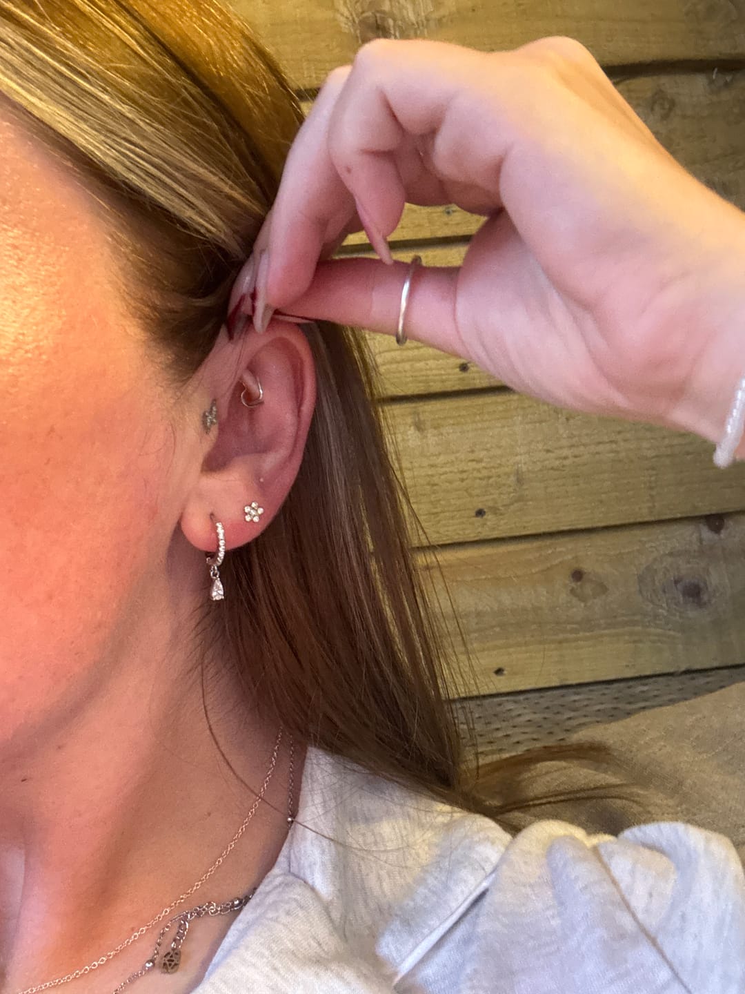 Customer photo review of Ottillie Crystal Silver Raindrop Huggie Hoops