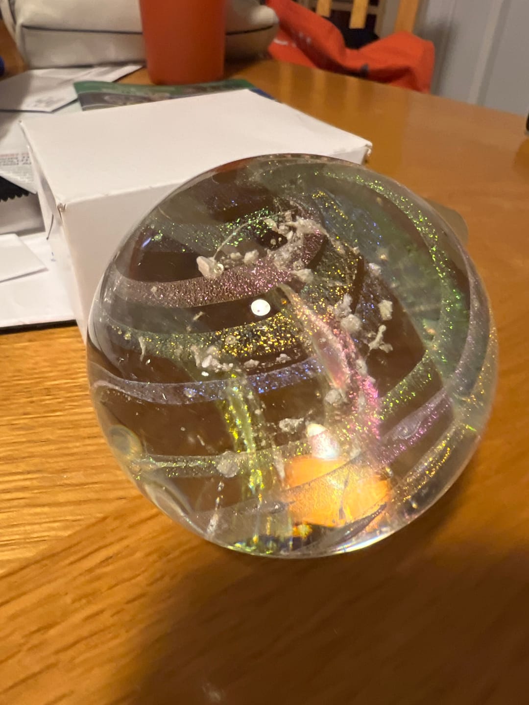 Customer photo review of Illuminated Dichroic Rainbow Orb with Cremains