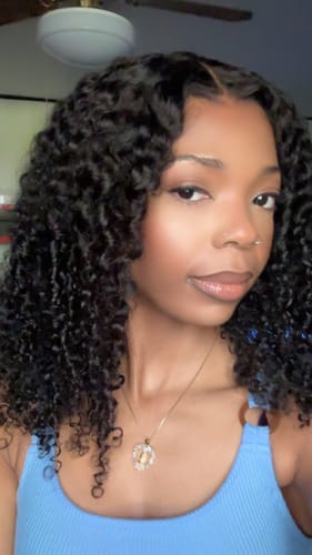 Customer photo review of CurlyMe Pre-bleached Kinky Curly 7x5 Pre-cut HD Lace Wear Go Glueless Wig