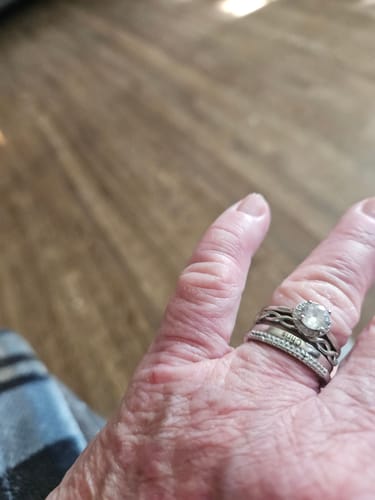 Customer photo review of Personalized Couple Halo Engagement Ring Stack