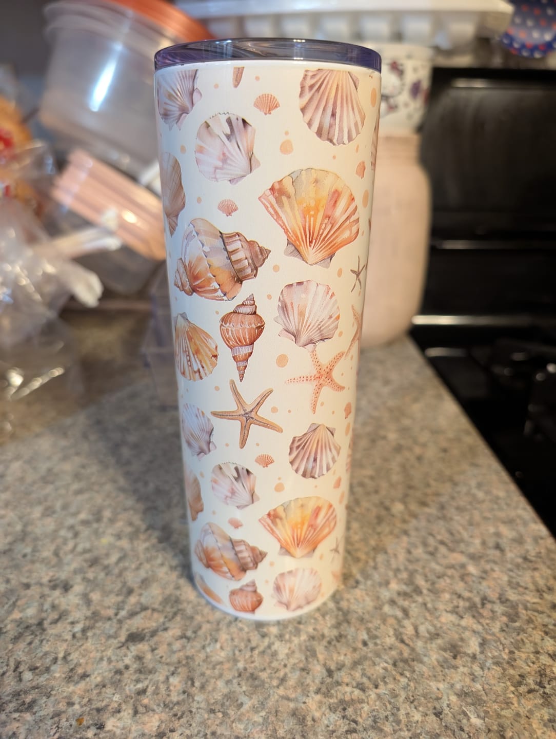 Customer photo review of Stainless Steel Tumbler with Lid & Straw, 20 oz (Seashells & Starfish) Double-walled, Keeps Drinks Hot or Cold
