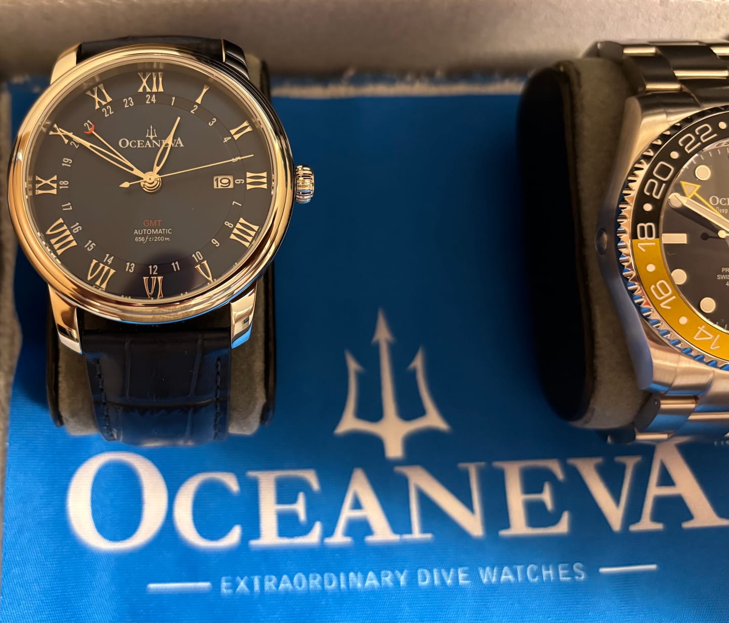 Customer photo review of Oceaneva Men's OceanTrek GMT Automatic 200m Leather Watch Blue