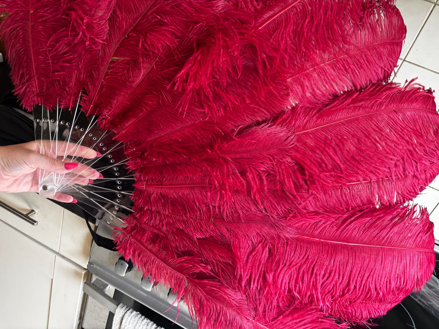 Customer photo review of burgundy 2 layers Ostrich Feather Fan 30"x 54"