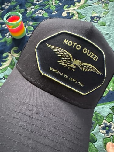 Customer photo review of 9FORTY E-Frame Trucker Graphic Patch Moto Guzzi Navy Snapback