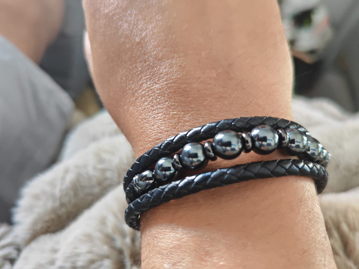 Customer photo review of Buddha Stones Tiger Eye Lava Rock Hematite Black Onyx Bead Positive Leather Bracelet