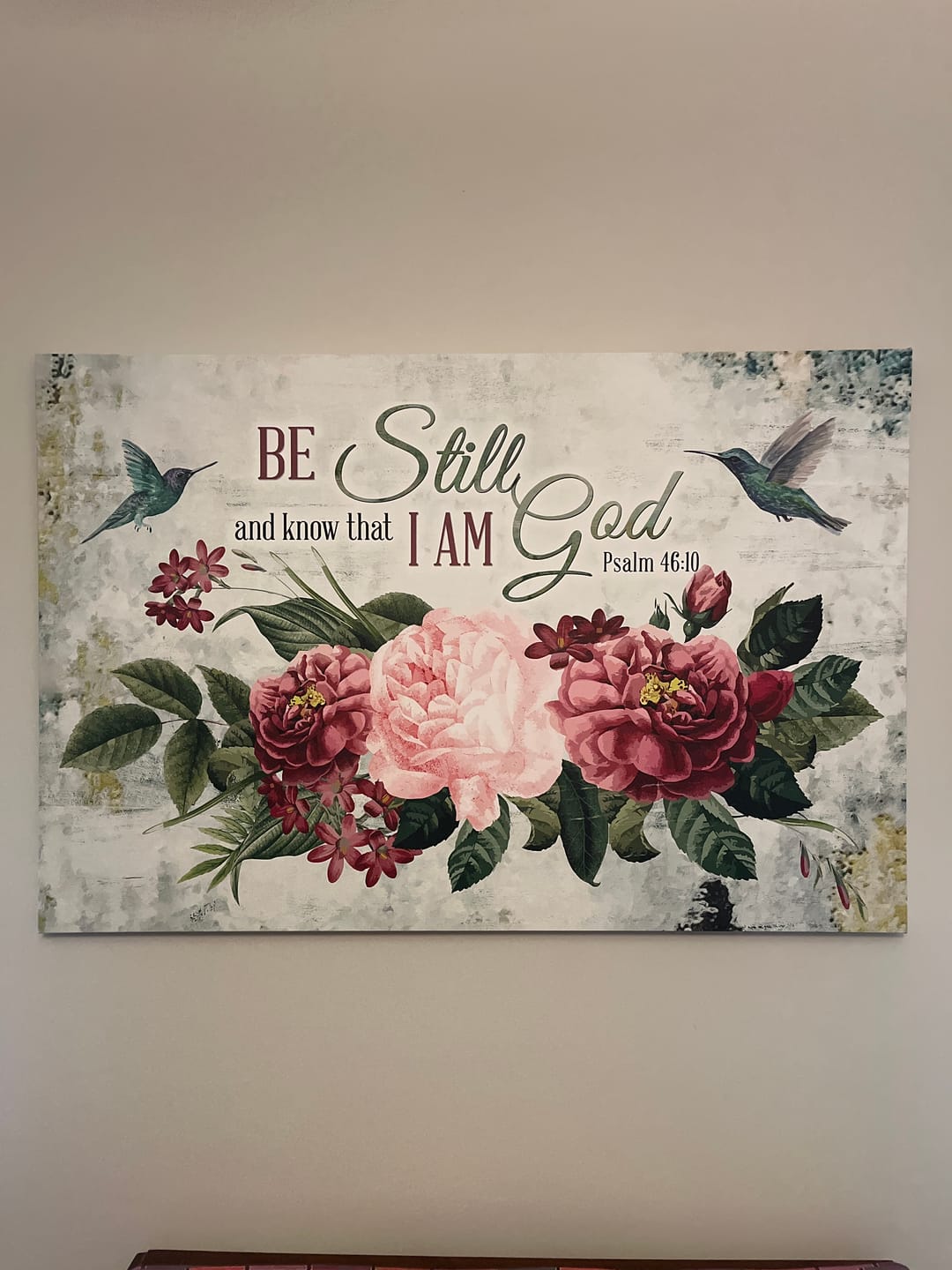 Customer photo review of Be Still and Know That I Am God, Vintage Flower Hummingbird, Wall art canvas