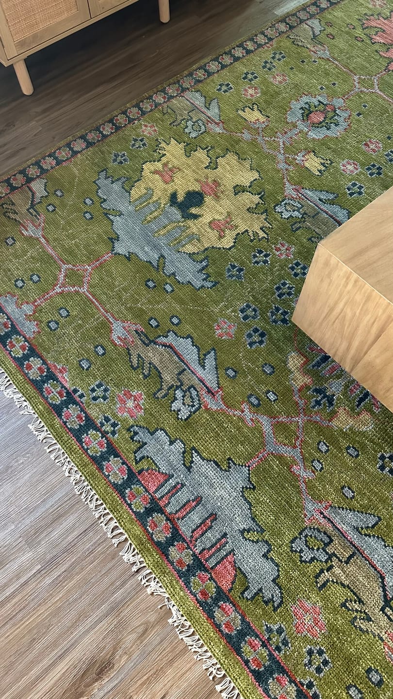 Customer photo review of Moss Green, Blue and Peach Hand Knotted Vibrant colorful Donegal Design Multi Size Wool Area Rug