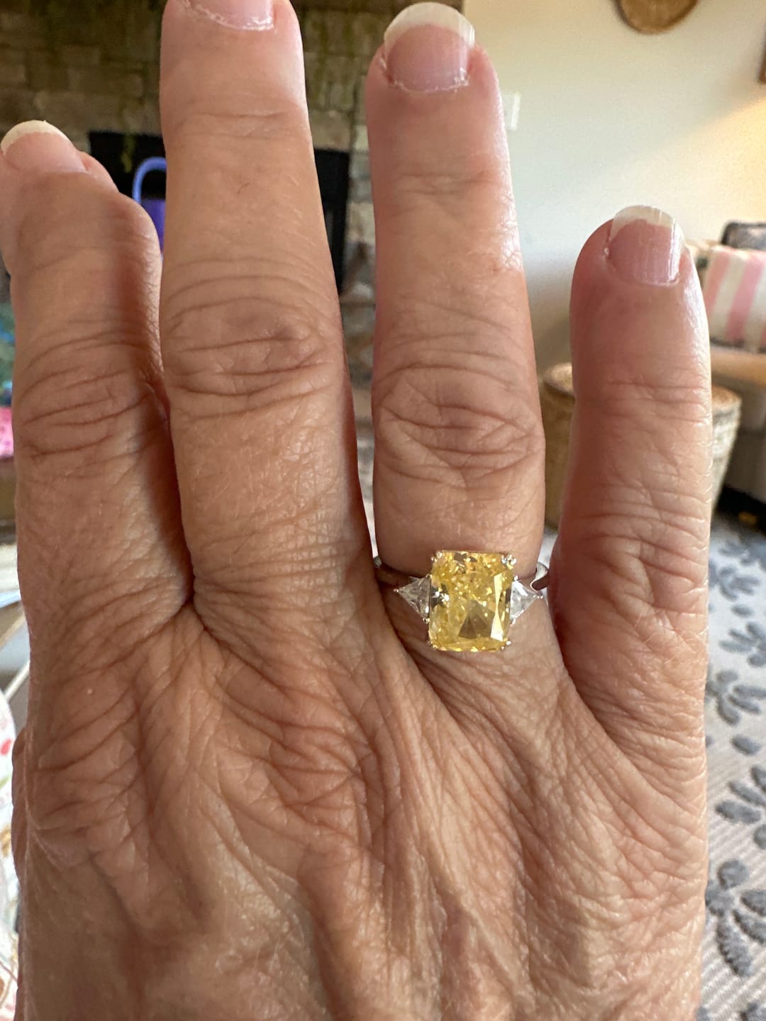 Customer photo review of S925 4.0Ct Radiant & Triangle Cut Yellow Stone Three Stone Engagement Ring In Sterling Silver