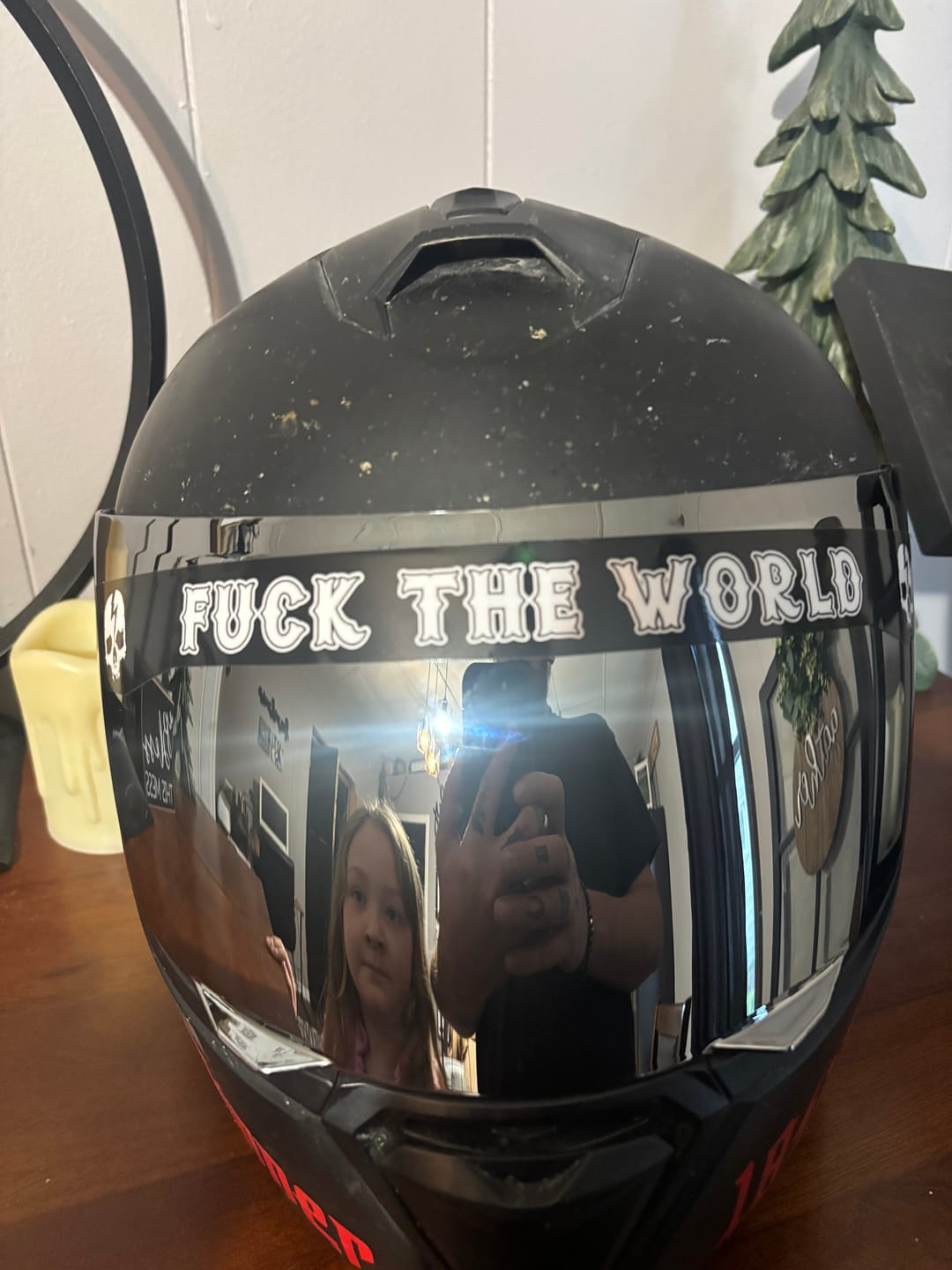 Customer photo review of FUCK THE WORLD HELMET VISOR