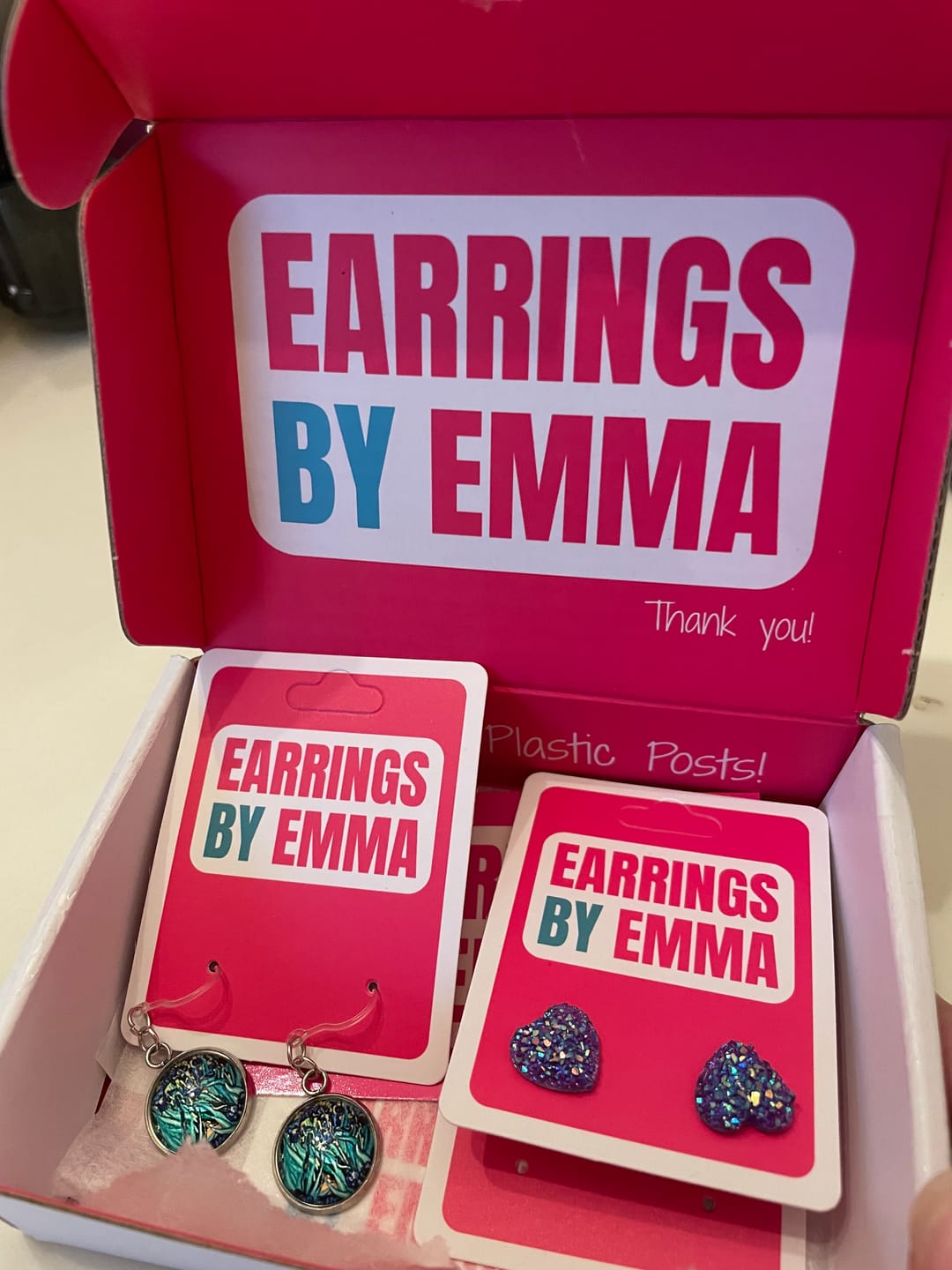 Customer photo review of Glass Van Gogh Irises Dangles Hypoallergenic Earrings for Sensitive Ears Made with Plastic Posts