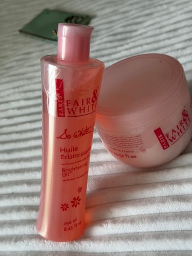 Customer photo review of Fair and White So White Brightening Body Oil with Sweet Almond Oil 250 ml / 8.4 fl oz