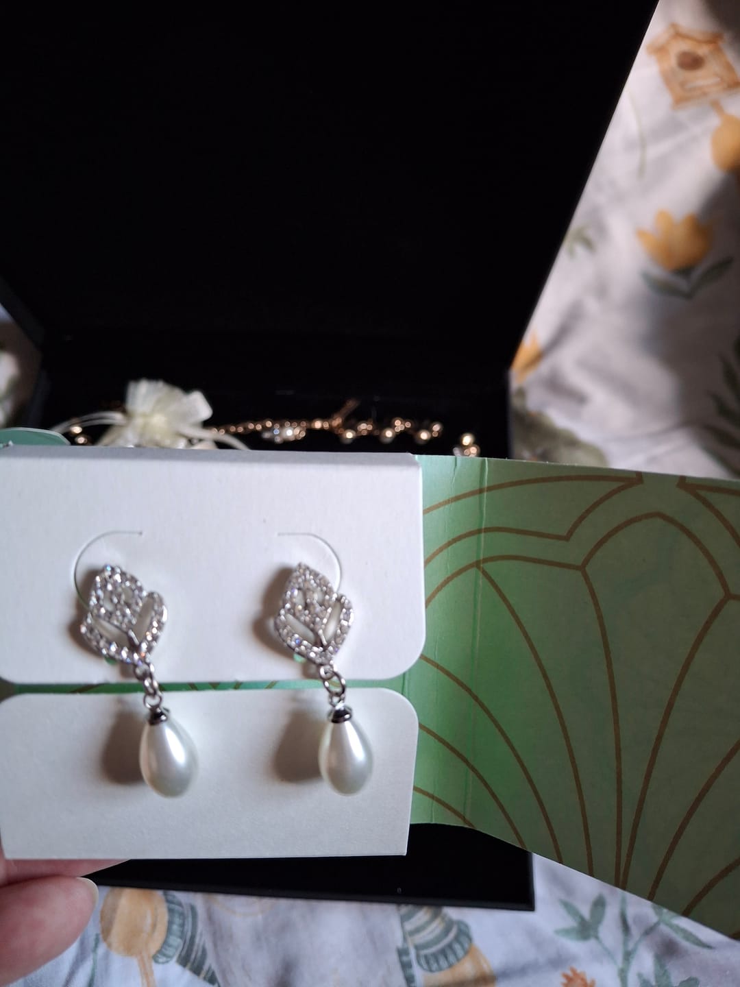 Customer photo review of Tulip Pearl And Diamante Earrings: Vintage Style Drop Earrings