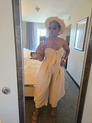 Customer photo review of Solid Strapless Tied Wide-Leg Jumpsuit