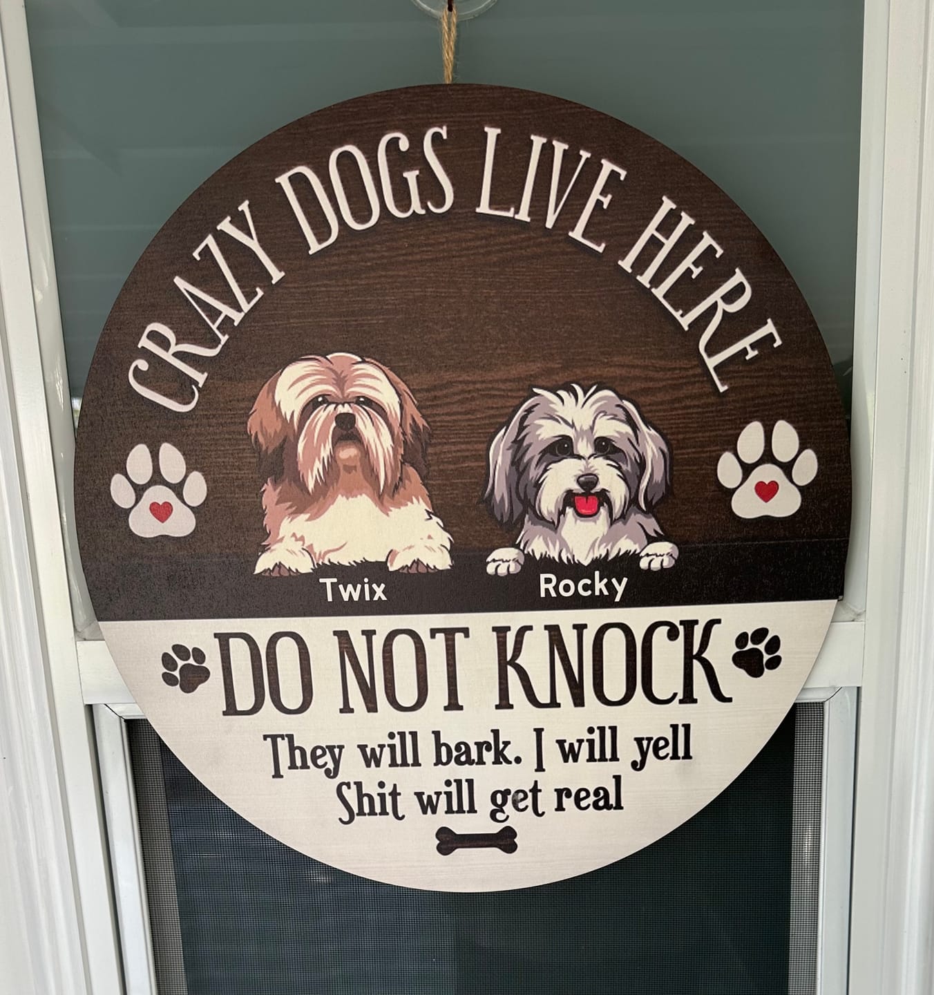 Customer photo review of Crazy Dogs Live Here Signs, Gifts For Dog Lovers, Do Not Knock Custom Wooden Signs , Dog Mom Gifts