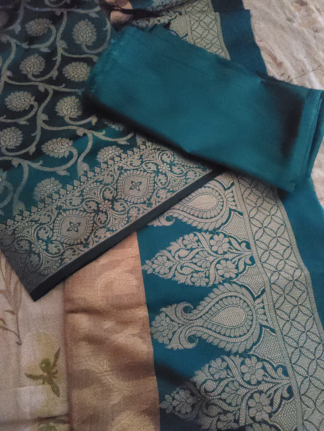 Customer photo review of Beige and Teal Kalgha Jaal Banarasi Silk Suit