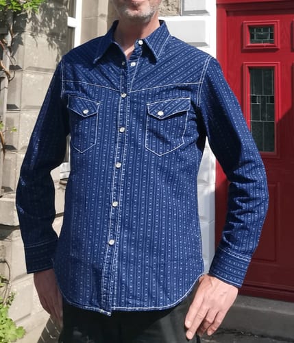 Customer photo review of 1950s Indigo Discharge-printed Wabash Stripe Western Shirt